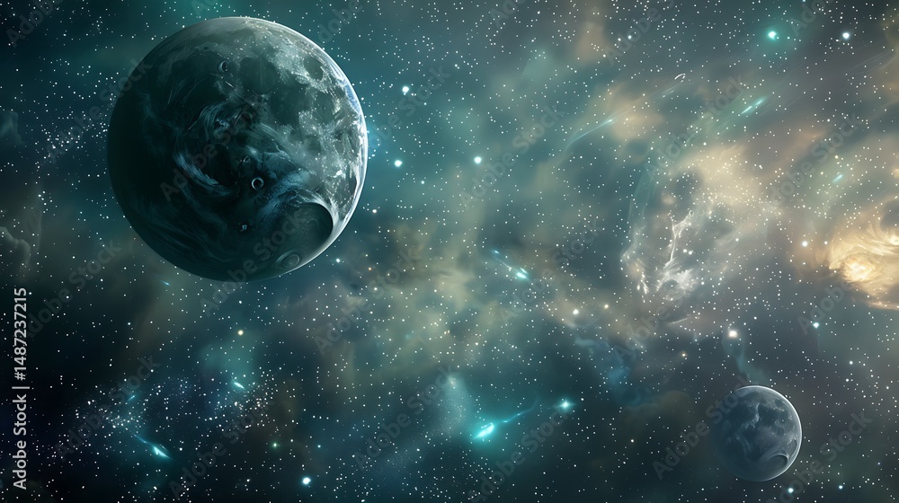 Poster two planets floating in a deep space with glowing nebula and numerous stars