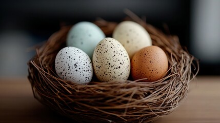 A nest filled with speckled eggs