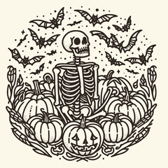 Skeleton surrounded by pumpkins. Halloween Skull Bones Anatomy Skeletal Clipart Line Art Vector Illustration. Bony figure amid autumnal gourds festive fall decoration for spooky holiday.