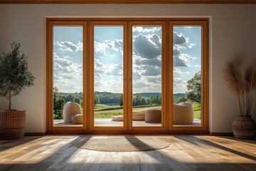 Spacious room with large windows showcasing a tranquil landscape.