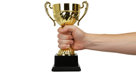 Hand Holding Up a Gold Trophy with a Black Base on a Transparent PNG Background, trophy, hand, holding, gold, winner, cup, award, prize, victory, success, achievement, celebration


