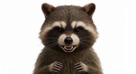 Obraz premium Intense Raccoon Portrait Displaying Sharp Teeth and Clenched Paws on a White Backdrop for Animated Projects and Nature-Themed Designs