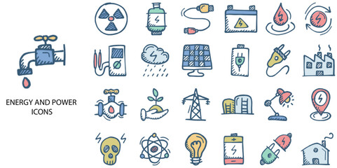 Energy and power simple concept 24 hand drawn color icons set .Vector illustration.