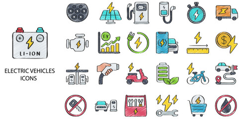 Electric Vehicles simple concept 24 hand drawn color icons set .Vector illustration.