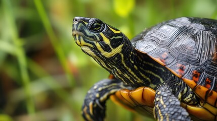 Fototapeta premium A captivating close-up of a red-eared slider turtle basking in soft light