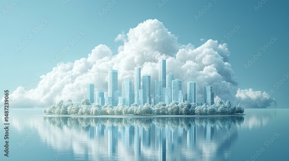 Poster futuristic cityscape with cloud computing elements, representing digital data protection and safety.