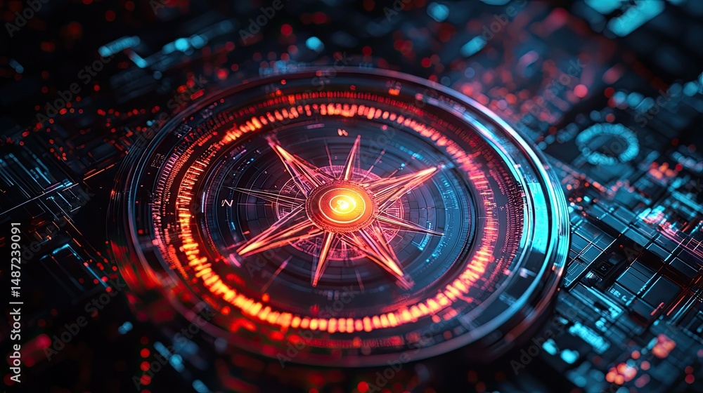 Poster futuristic compass with digital interface and glowing elements against tech-inspired dark background
