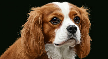 Close-up Portrait of a Cavalier King Charles Spaniel with Expressive Eyes and Luxurious Fur Set Against a Minimalist Background Displaying Fine Details