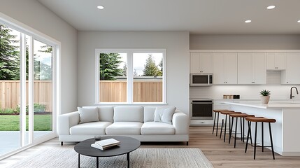 Fototapeta premium Modern Open Concept Interior Featuring a White Couch, Kitchen Island, and View of a Peaceful Exterior.