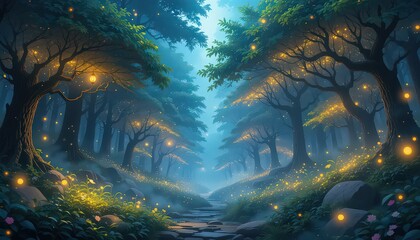 A dreamy forest path illuminated by glowing orbs and lanterns in a mystical atmosphere scene