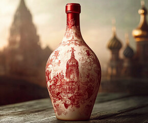 An ornate bottle with intricate red illustrations of historic architecture and cultural motifs sits on a wooden surface, with blurred Russian domes in the background, evoking elegance, heritage.
