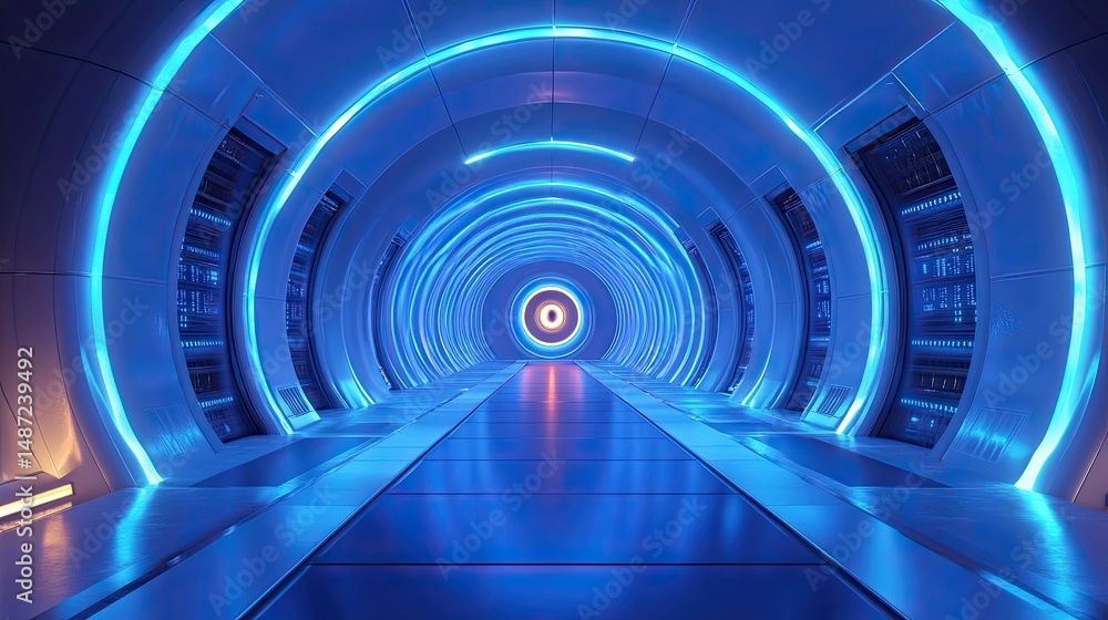 Poster futuristic corridor illuminated by blue light, featuring data servers and a circular portal at the e