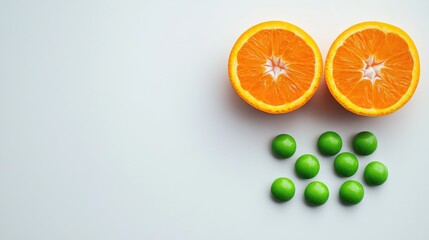 Two halved oranges and green candy spheres on a white background.