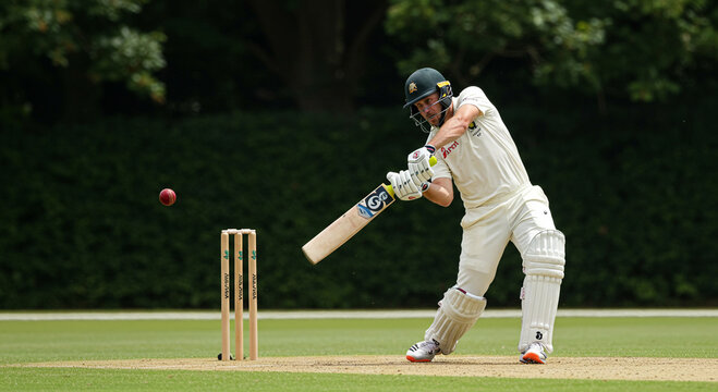 Dynamic Cricket Player in Action with Bat Near Wickets in Outdoor Setting Perfect for Sport and Athletic Pursuits Images