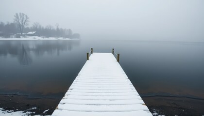 Naklejka premium a snow-covered wooden dock extending into a calm lake