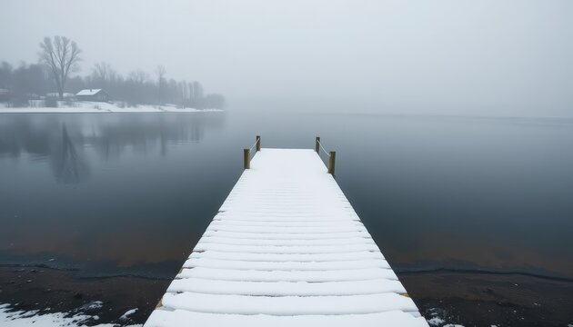 a snow-covered wooden dock extending into a calm lake
