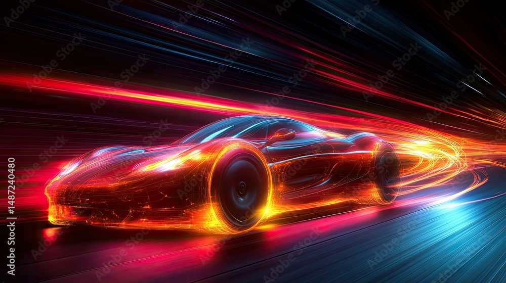 Poster futuristic design with glowing tunnel and vibrant streams of light, symbolizing advanced technology 