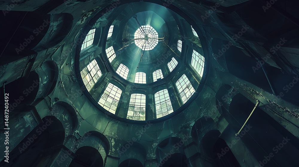 Poster upward perspective view inside an architectural dome showing light and structure