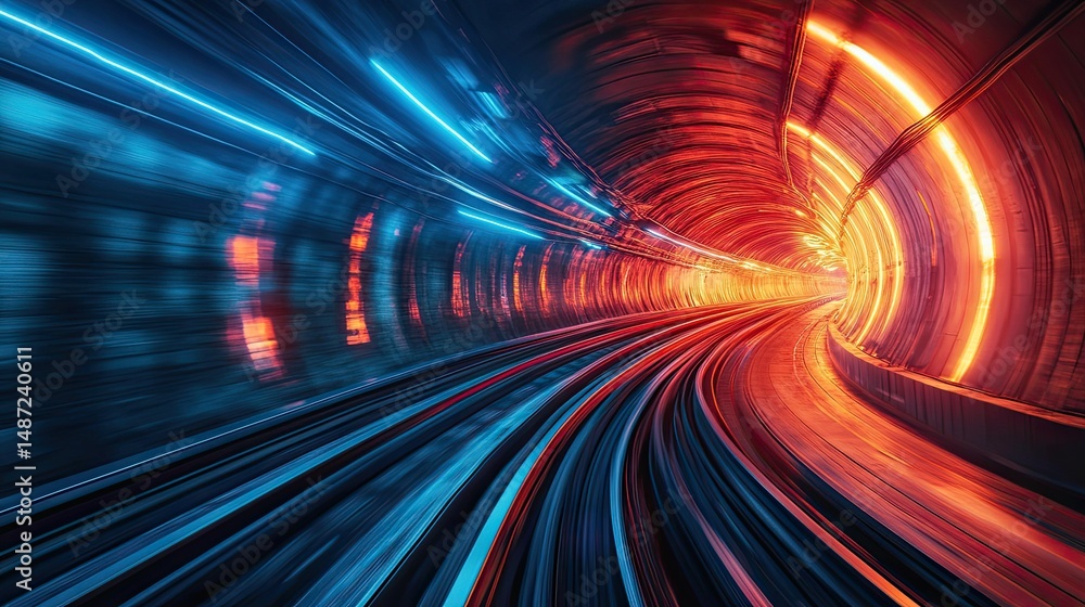 Poster futuristic design with glowing tunnel and vibrant streams of light, symbolizing advanced technology 