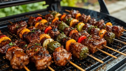Delicious BBQ Skewers Sizzling on Charcoal Grill - Perfect Outdoor Meal