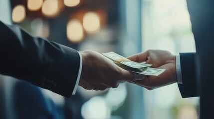 Closeup hands banker giving cash money to businessman, loan and credit financial lease concept