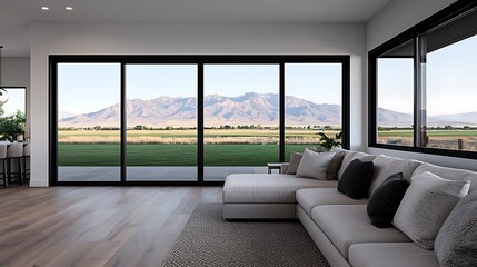 Spacious Living Room Interior with Mountain View through Large Windows, Modern Design, Comfortable Sofa, Hardwood Floors, and Stylish Decor.