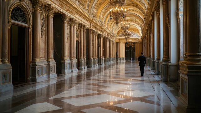 Person in Suit Walking Through a Grand Ornate Hallway