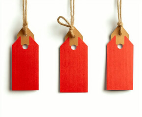 Three red paper tags with kraft paper reinforcements hang from twisted jute strings against a white background, creating a minimalist and versatile composition perfect for branding.