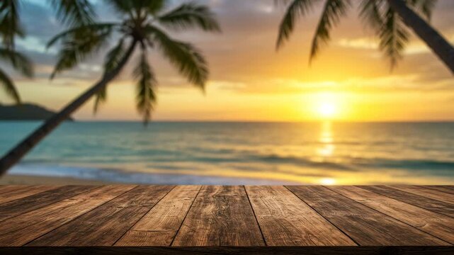 empty wooden table against the backdrop of a sunny, choppy beach with coconut trees