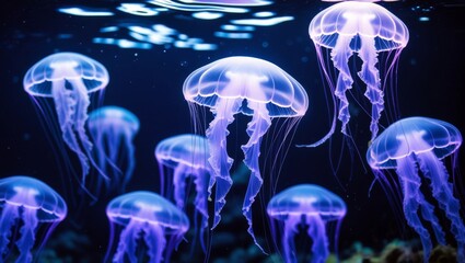 Glowing Jellyfish Floating in Dark Ocean Waters