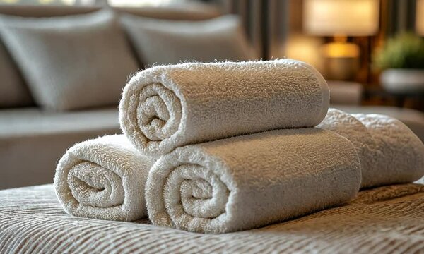 Soft, rolled towels neatly stacked on a cozy bed with a warm, inviting living room backdrop