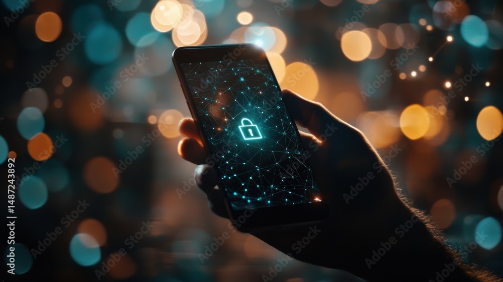 Poster cyber security concept - hand holds phone with lock icon on the screen, neural network, bokeh backgr