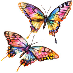 A pair of watercolor butterflies with vibrant wings in flight, transparent PNG
