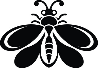 Illustration of a black and white bee with wings and antennae on a white background
