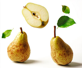 Two whole pears and a floating pear half are arranged against a white background with falling green leaves, creating a fresh and artistic composition that highlights the natural .