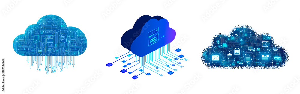 Poster digital cloud concept showcasing interconnected technology elements and data security symbols