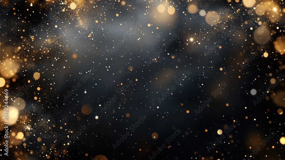 Poster abstract dark backdrop with sparkling golden particles.