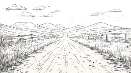 Country Road Through Hills - Sketch - Outdoor Scene - Nature Illustration - Background for Travel Posters