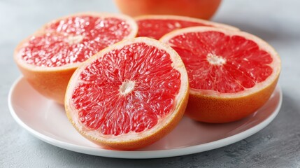 Freshly Sliced Grapefruit on Plate with Juicy Red Flesh and Gray Background