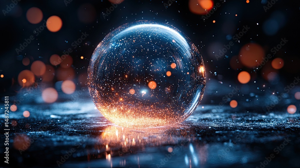 Poster futuristic glass sphere emitting glowing particles, creating a captivating visual effect on a dark b