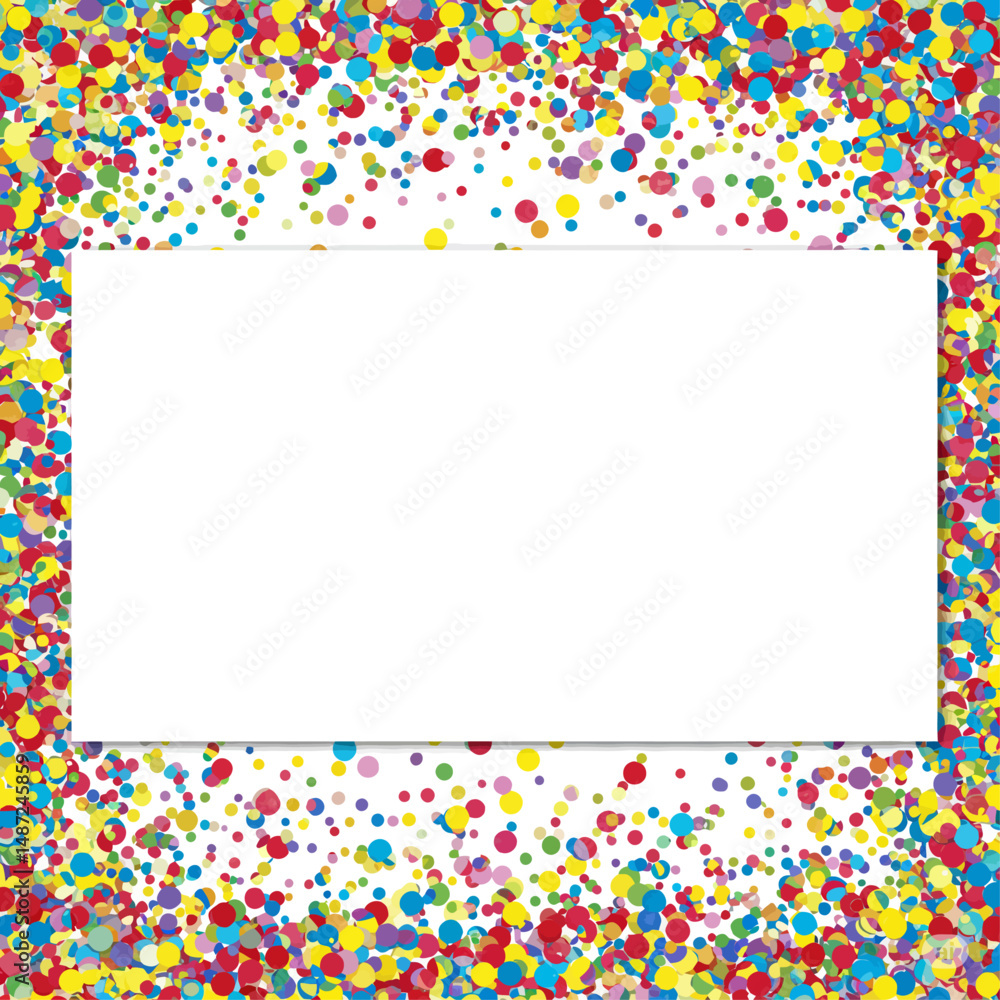 Poster blank white rectangle surrounded by a colorful confetti border on a white background design element