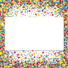 Fototapeta premium Blank white rectangle surrounded by a colorful confetti border on a white background design element