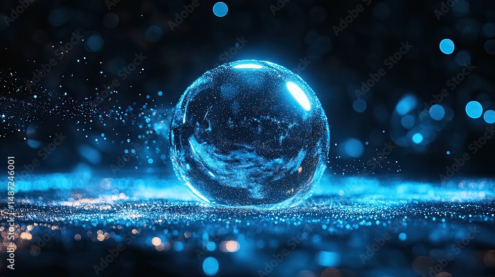 Poster futuristic glass sphere emitting glowing particles, creating a captivating visual effect on a dark b