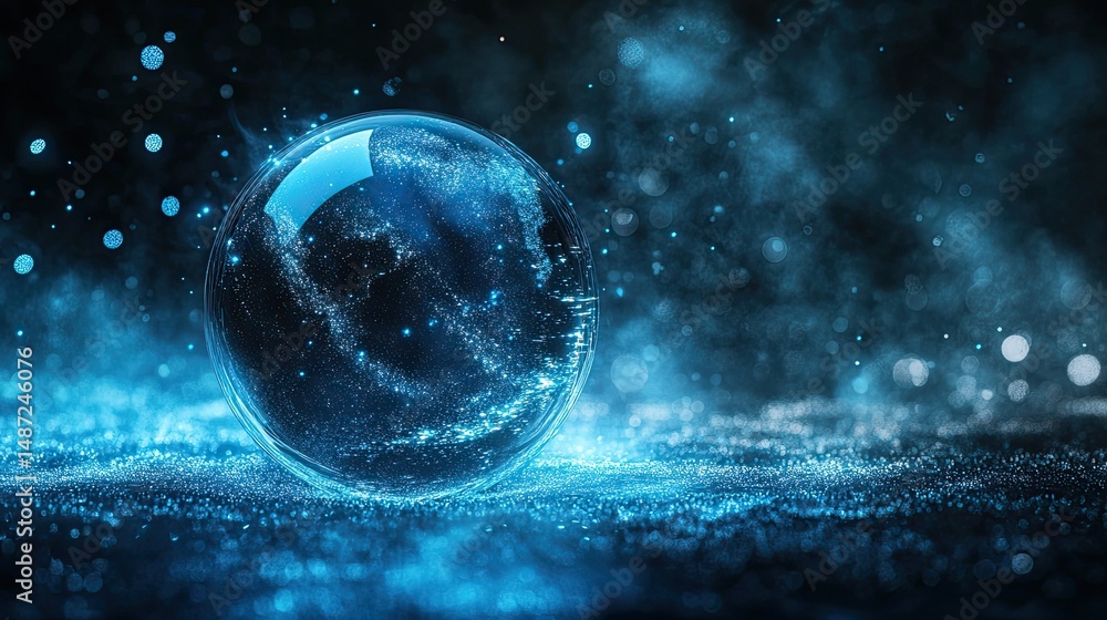 Poster futuristic glass sphere emitting glowing particles, creating a captivating visual effect on a dark b
