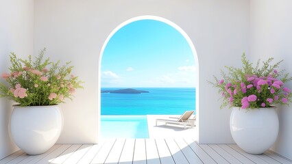 Tranquil Coastal View from Modern Interior with Flowers and Archway