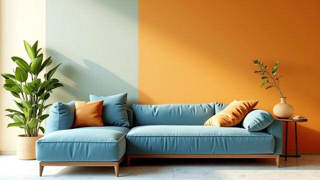 Stylish Living Room with Blue Sofa and Orange Accent Wall