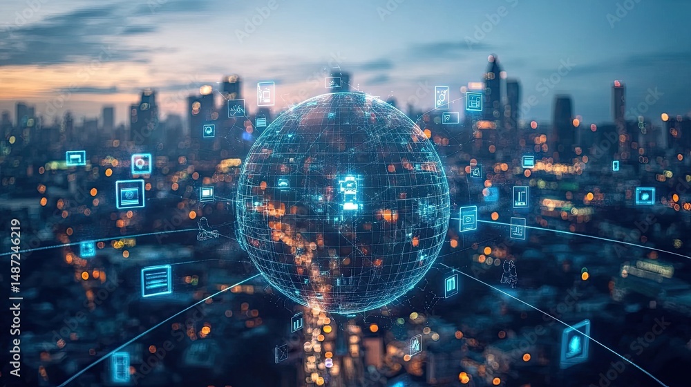 Poster futuristic globe concept with global network security, digital transformation, and big data analytic