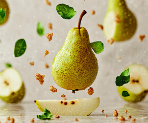 A fresh green pear appears to be floating above a sliced piece, surrounded by falling mint leaves and granola, creating a dynamic and artistic food composition with a sense of motion and freshness.