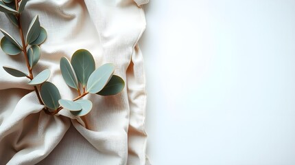 Elegant Still Life Photography Creamy Fabric and Eucalyptus Branch