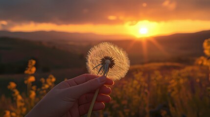 Holding a dandelion at sunset near hills